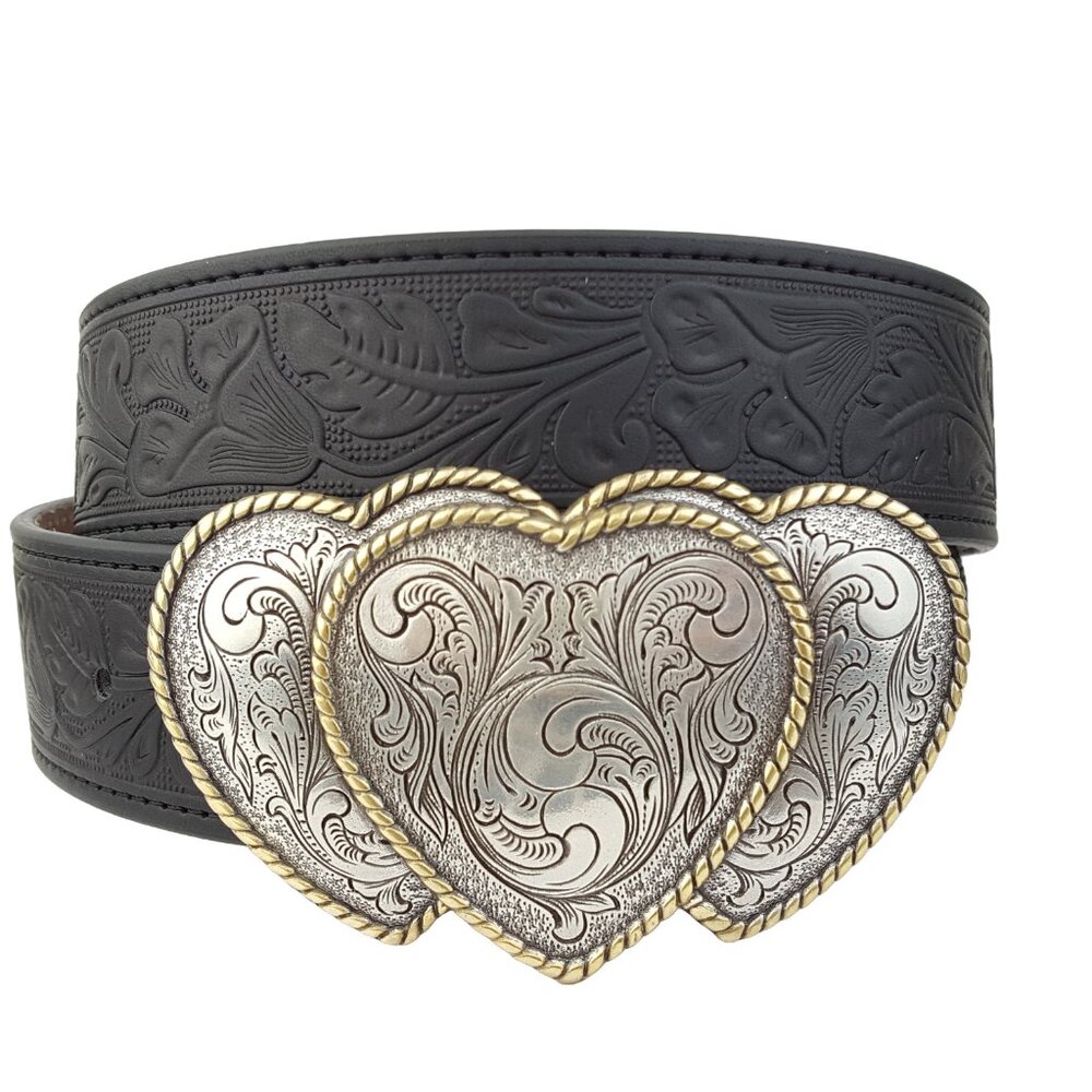 Triple Heart Western Buckle w. Tooled Floral Belt